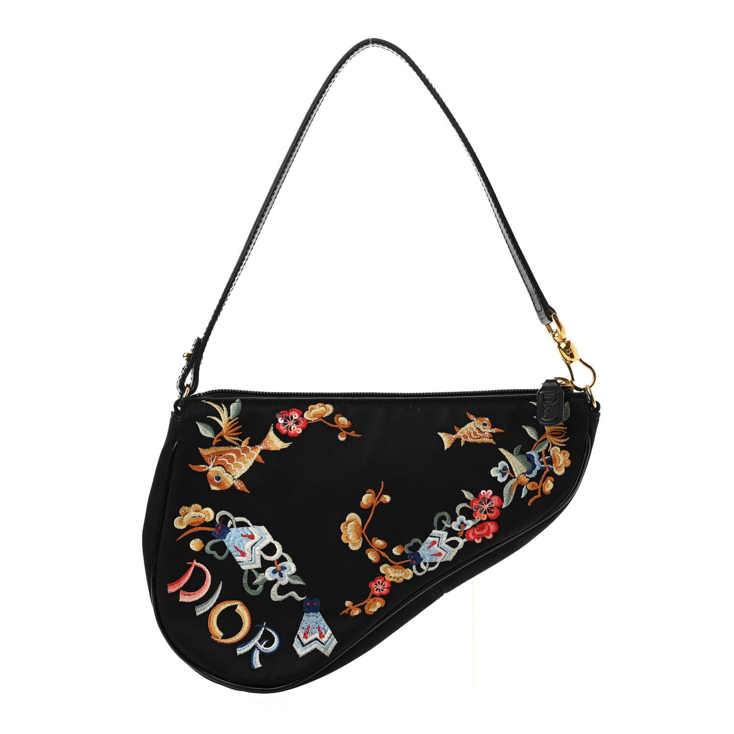 Satin Embroidered Koi Saddle Bag Black