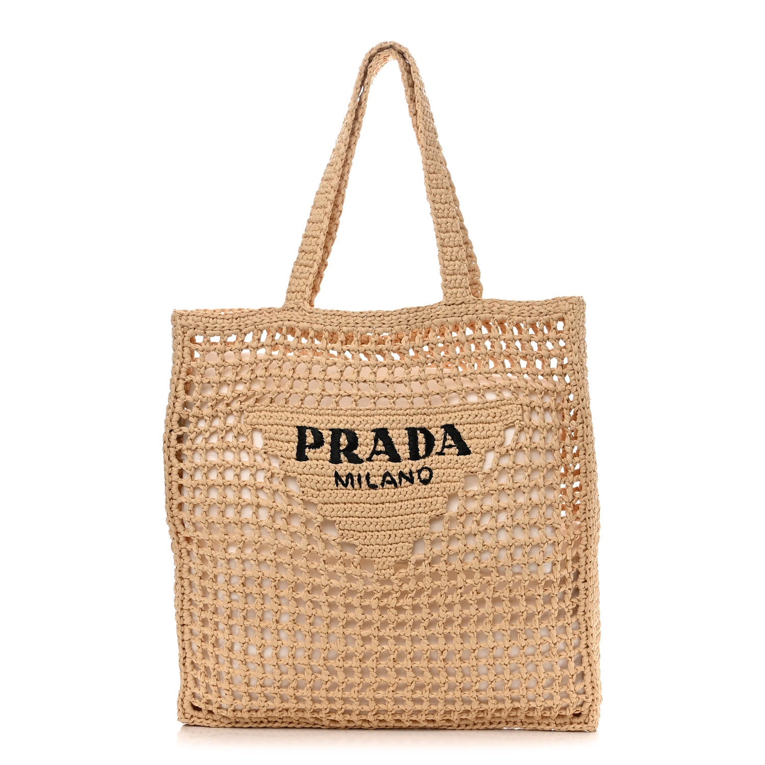 Prada Yarn Raffia Effect Crochet Logo Embroidered Tote Bag Naturale 1 of 9