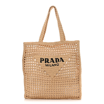 Prada Yarn Raffia Effect Crochet Logo Embroidered Tote Bag Naturale 1 of 9