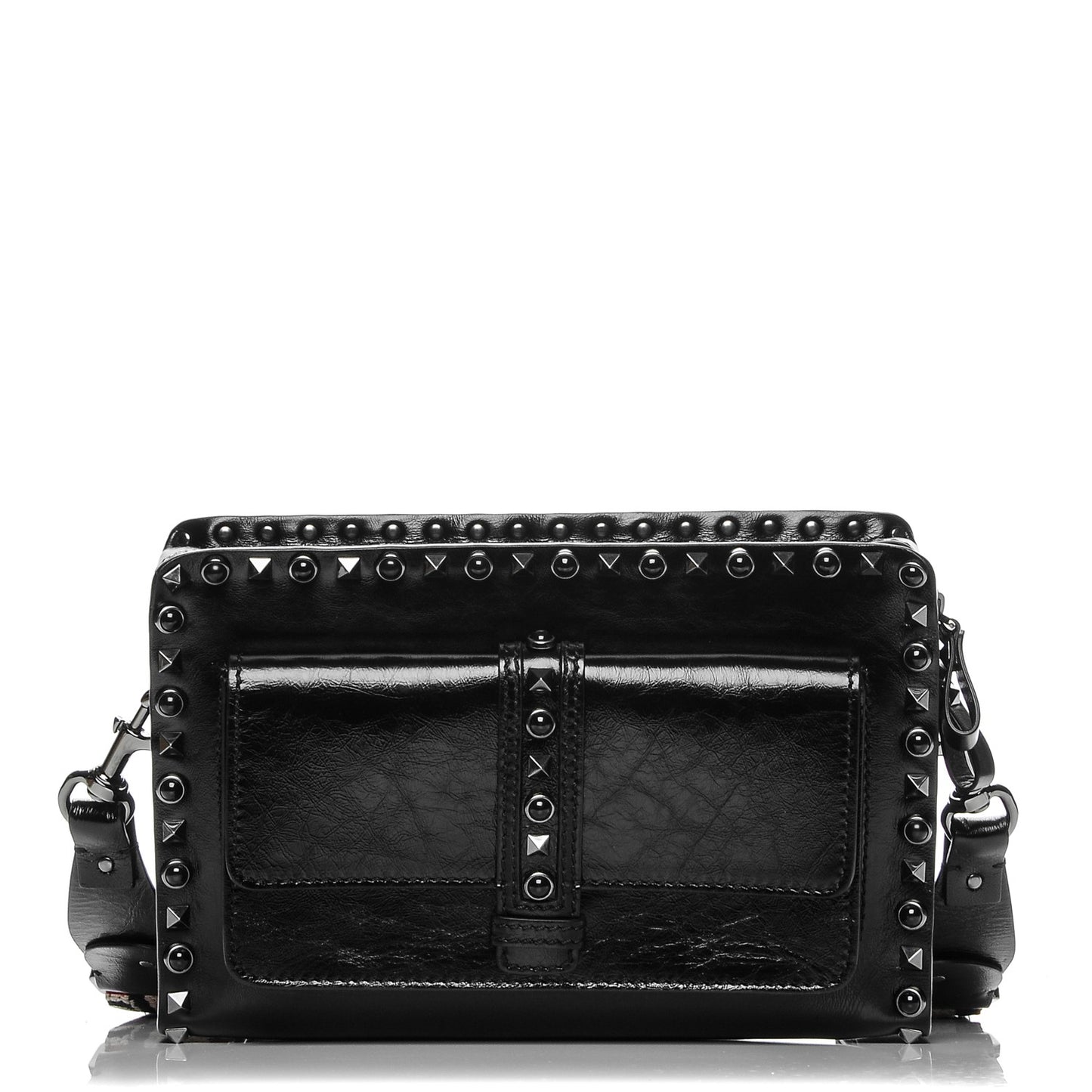 Craquele Calfskin Small Guitar Strap Rockstud Rolling Flap Pocket Shoulder Bag Black