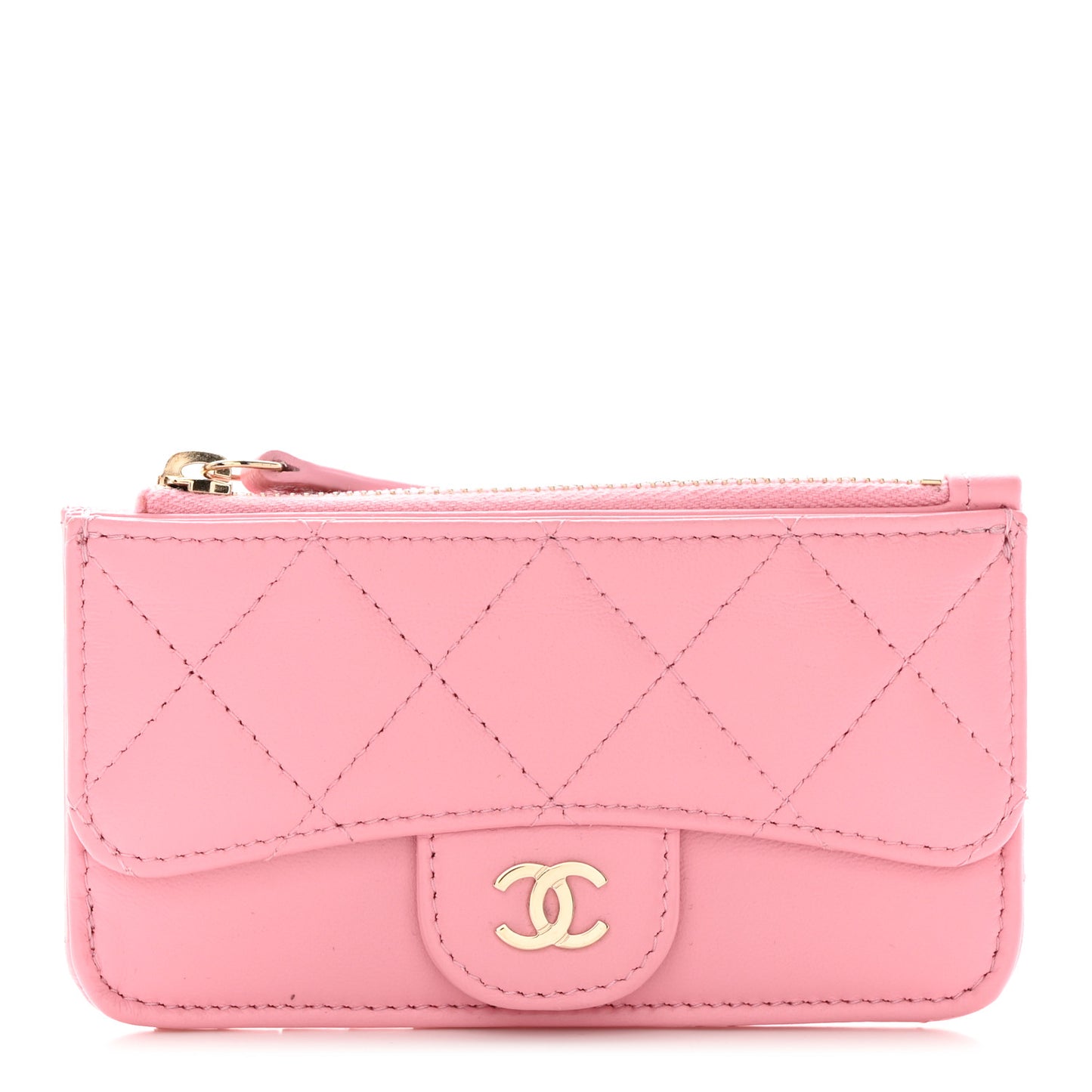 Lambskin Quilted Flap Zip Card Holder Pink