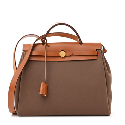 Hermes Military Toile Vache Hunter Herbag Zip Retourne 31 PM Etoupe Dune Fauve 1 of 12