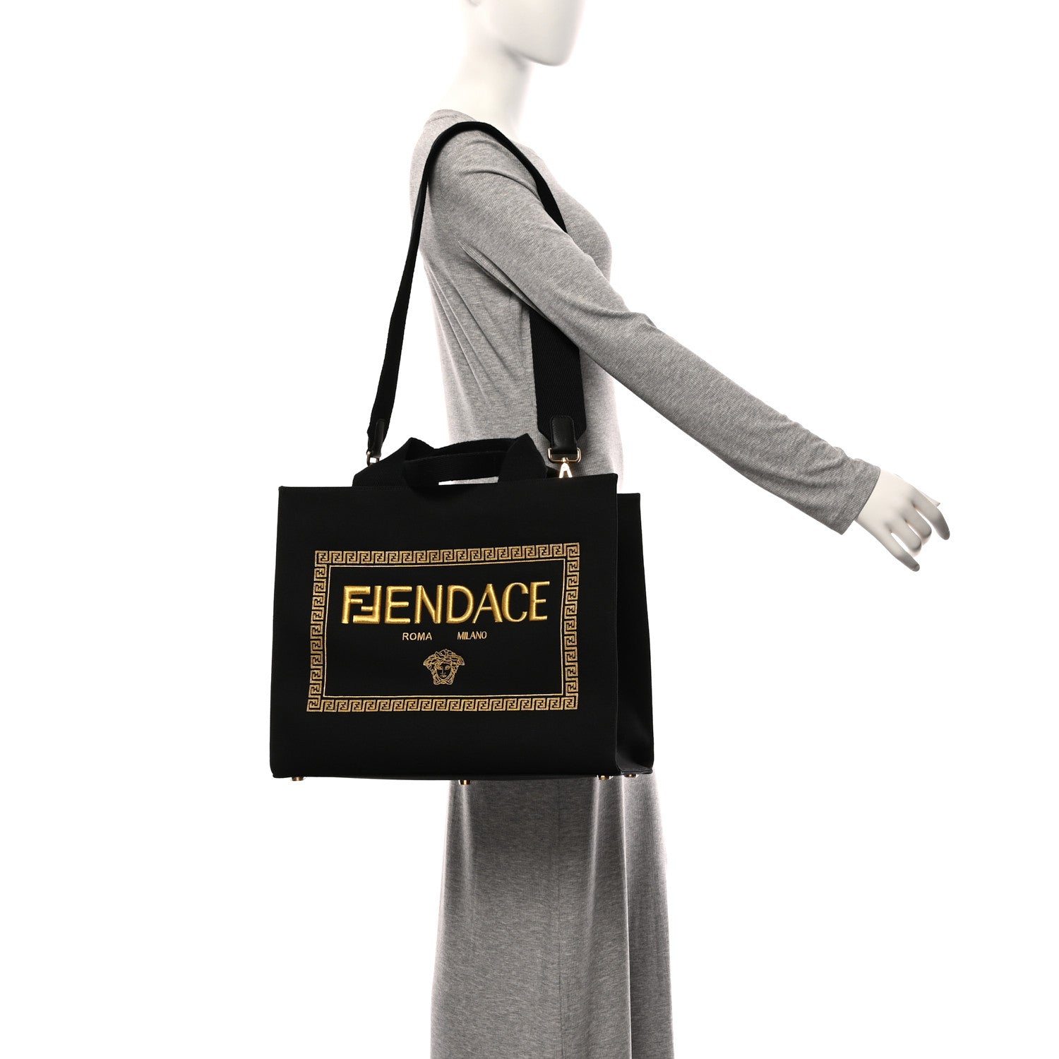 Fendi X VERSACE Cotton Canvas Cuoio Romano Fendace Logo Embroidered Signature Shopping Tote Black Gold 2 of 11