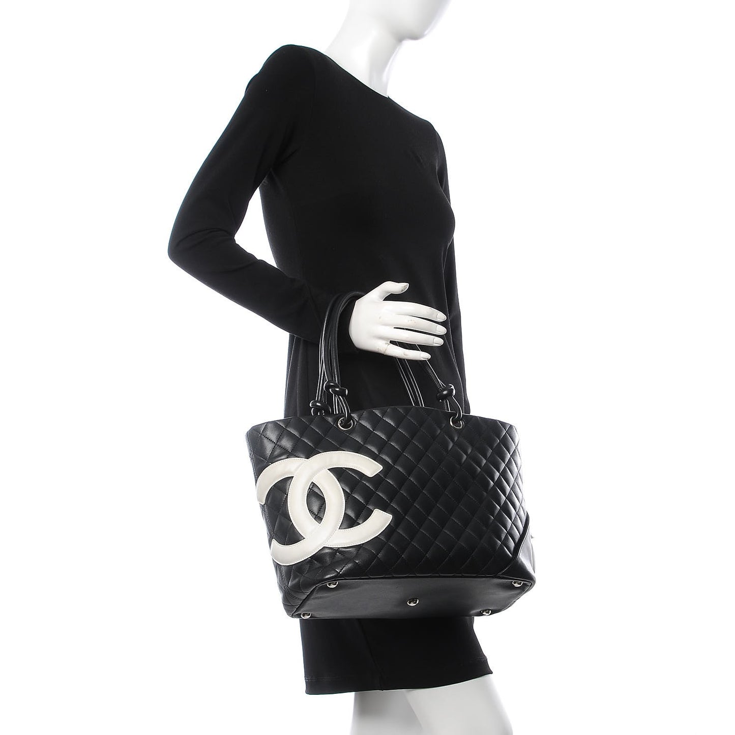 Calfskin Quilted Large Cambon Tote Black White