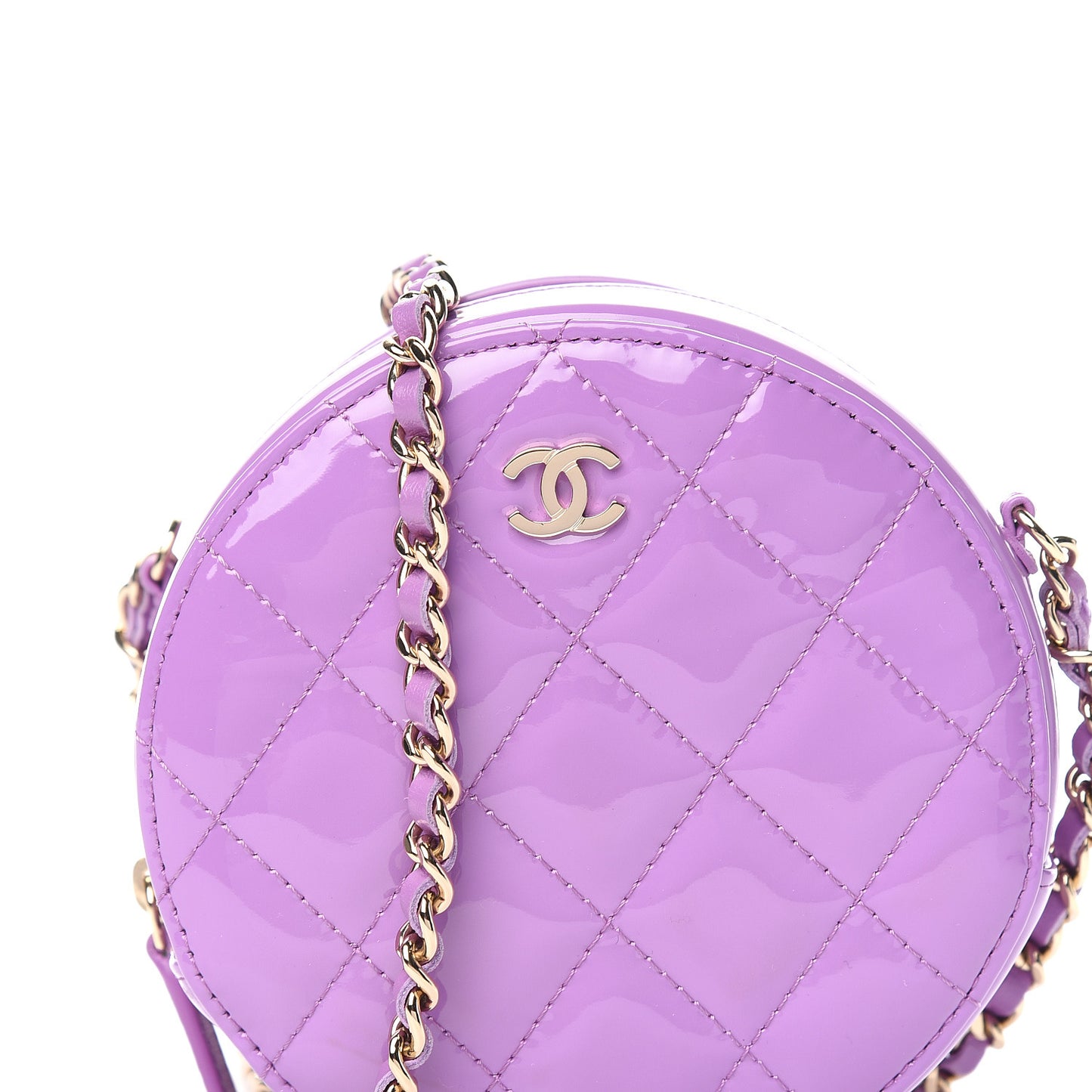 Patent Quilted Round Clutch With Chain Purple