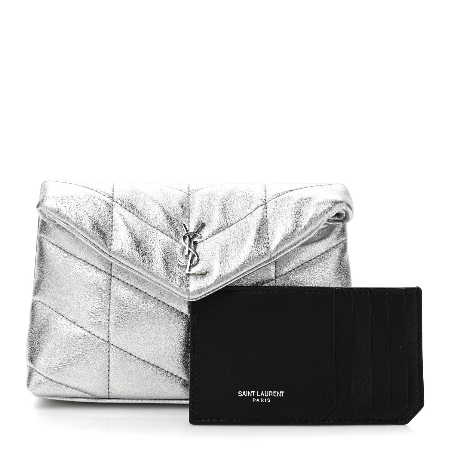Saint Laurent Metallic Lambskin Monogram Loulou Puffer Pouch Clutch Silver 2 of 13
