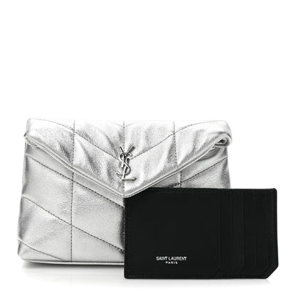 Saint Laurent Metallic Lambskin Monogram Loulou Puffer Pouch Clutch Silver 2 of 13