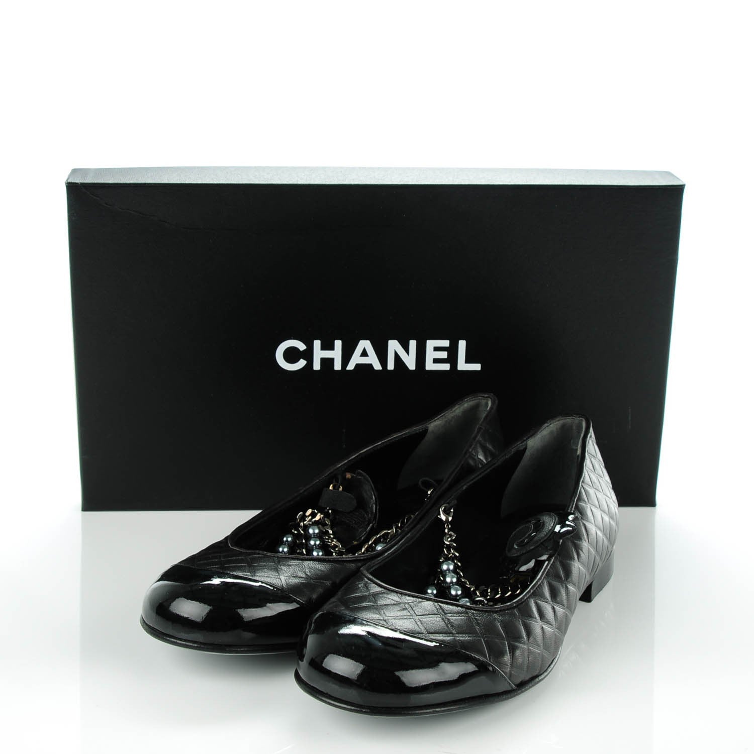 Chanel Lambskin Patent Quilted Cap Toe Pearl Ballerina Flats 38.5 Black 5 of 8