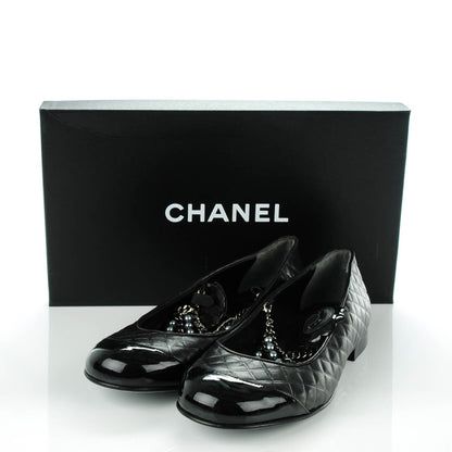 Chanel Lambskin Patent Quilted Cap Toe Pearl Ballerina Flats 38.5 Black 5 of 8