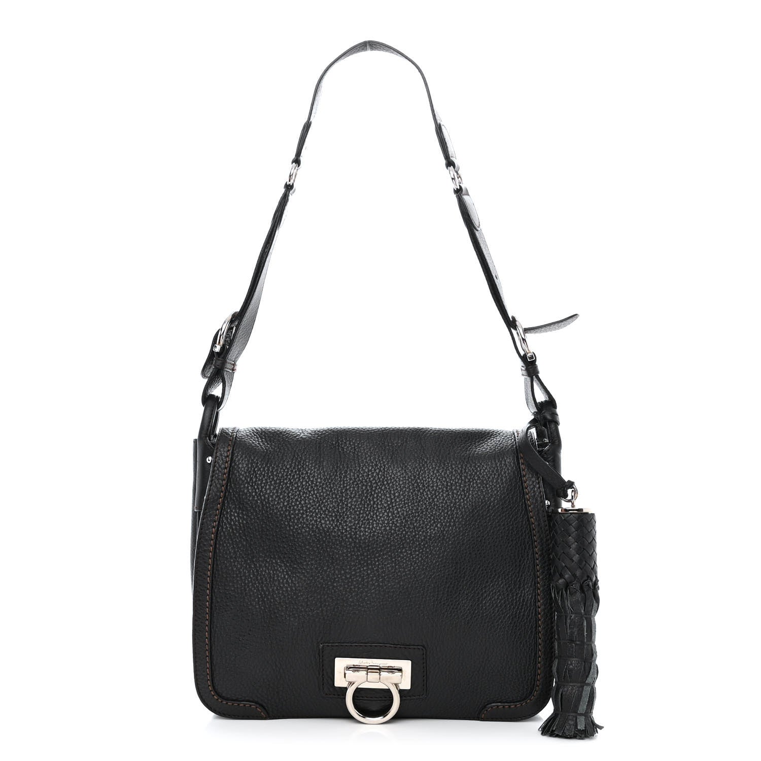 Salvatore Ferragamo Grained Calfskin Gancini Flap Shoulder Bag Black 1 of 10