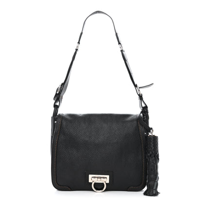 Salvatore Ferragamo Grained Calfskin Gancini Flap Shoulder Bag Black 1 of 10