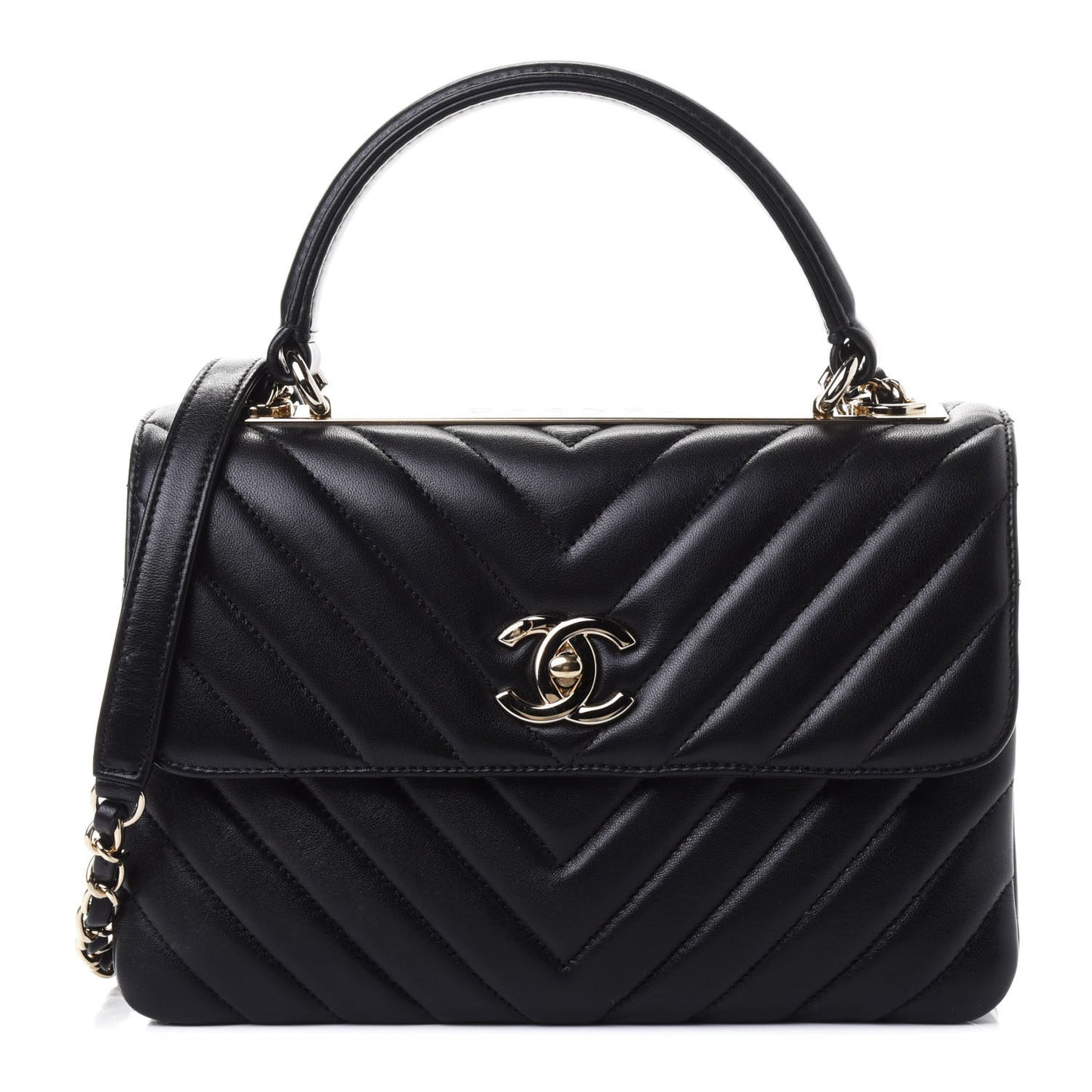 Lambskin Chevron Quilted Small Trendy CC Dual Handle Flap Bag Black