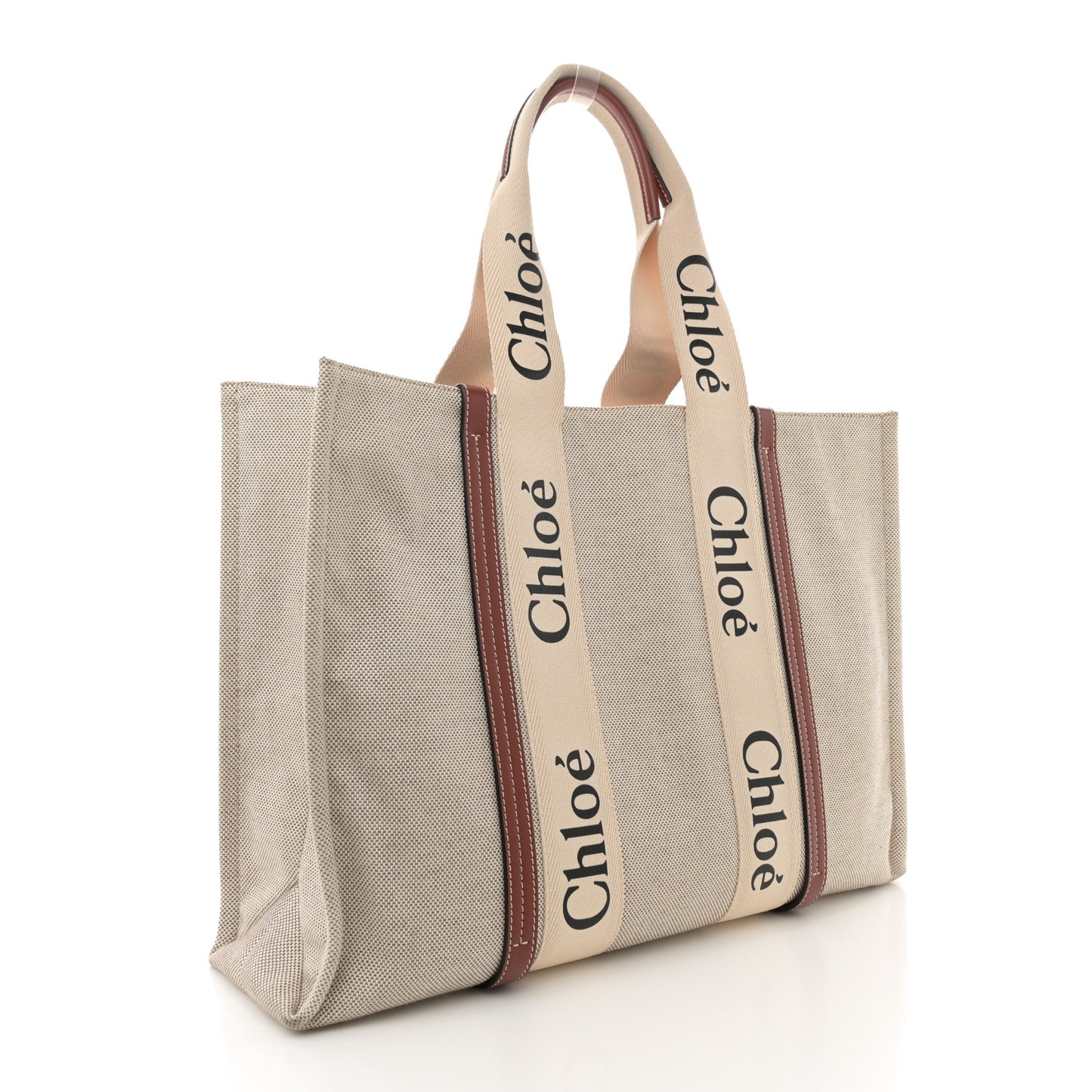 Linen Calfskin Large Woody Ribbon Tote White Brown