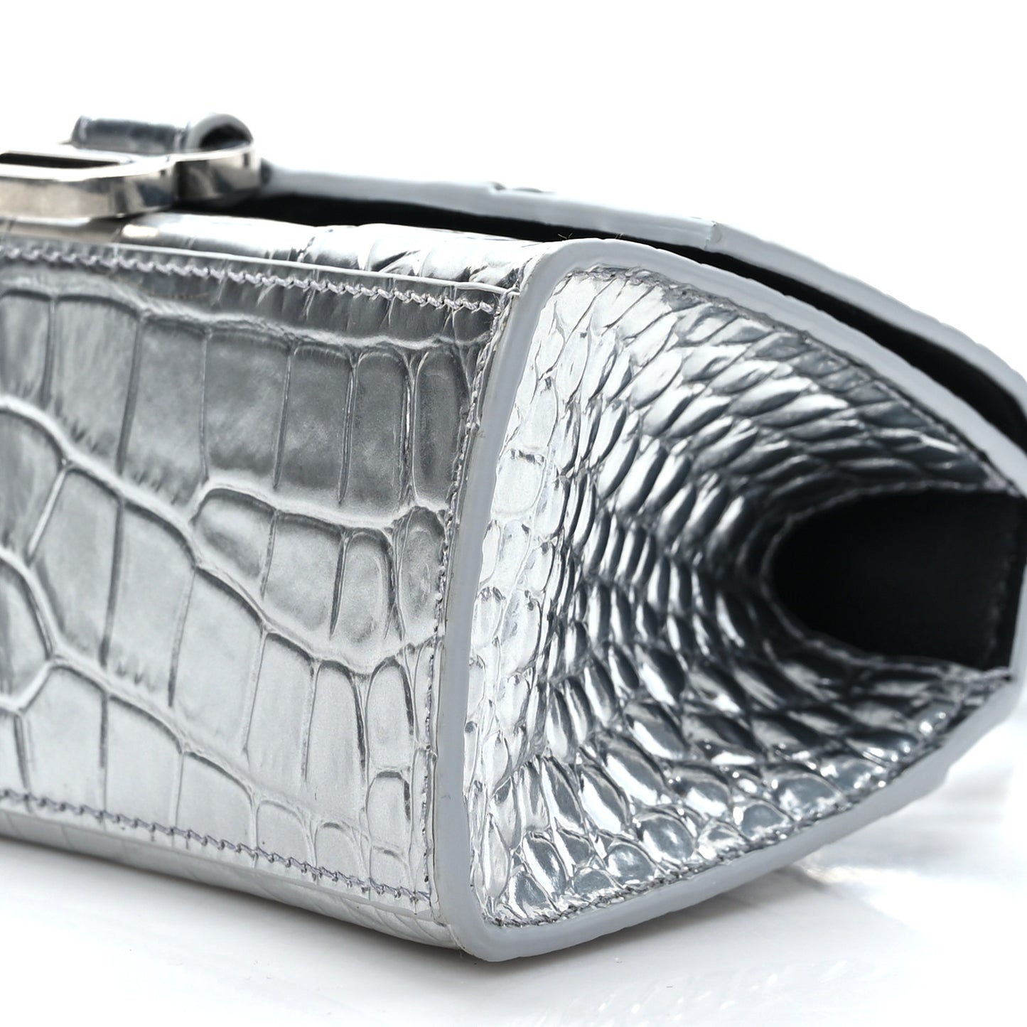 Metallic Calfskin Crocodile Embossed Hourglass Top Handle Bag XS Silver