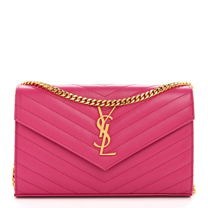 Saint Laurent Grain De Poudre Matelasse Chevron Monogram Chain Wallet Hot Pink 1 of 12