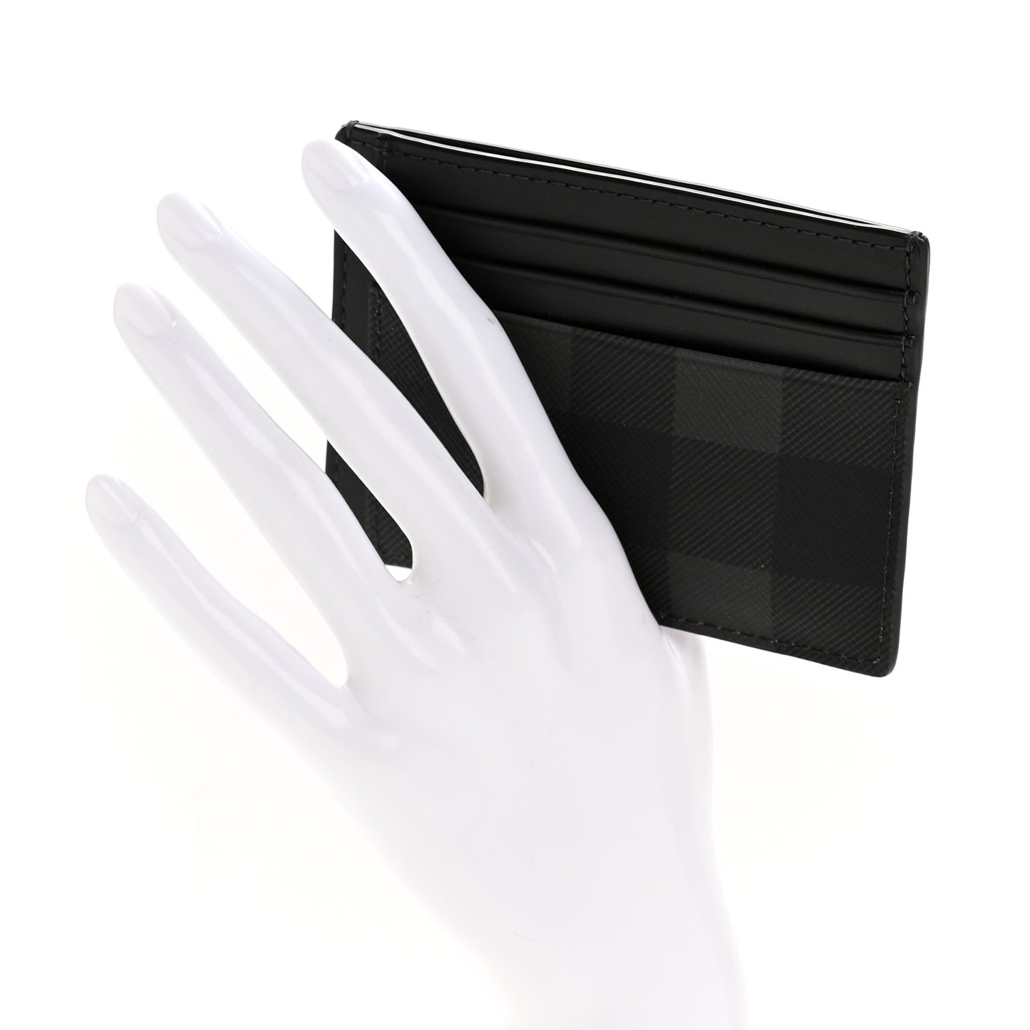 Coated Canvas Calfskin Check Money Clip Card Case Charcoal