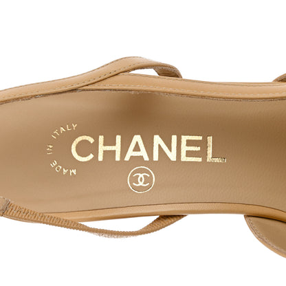 Chanel Goatskin Grosgrain Cap Toe CC Slingback Pumps 38 Beige Black 7 of 9