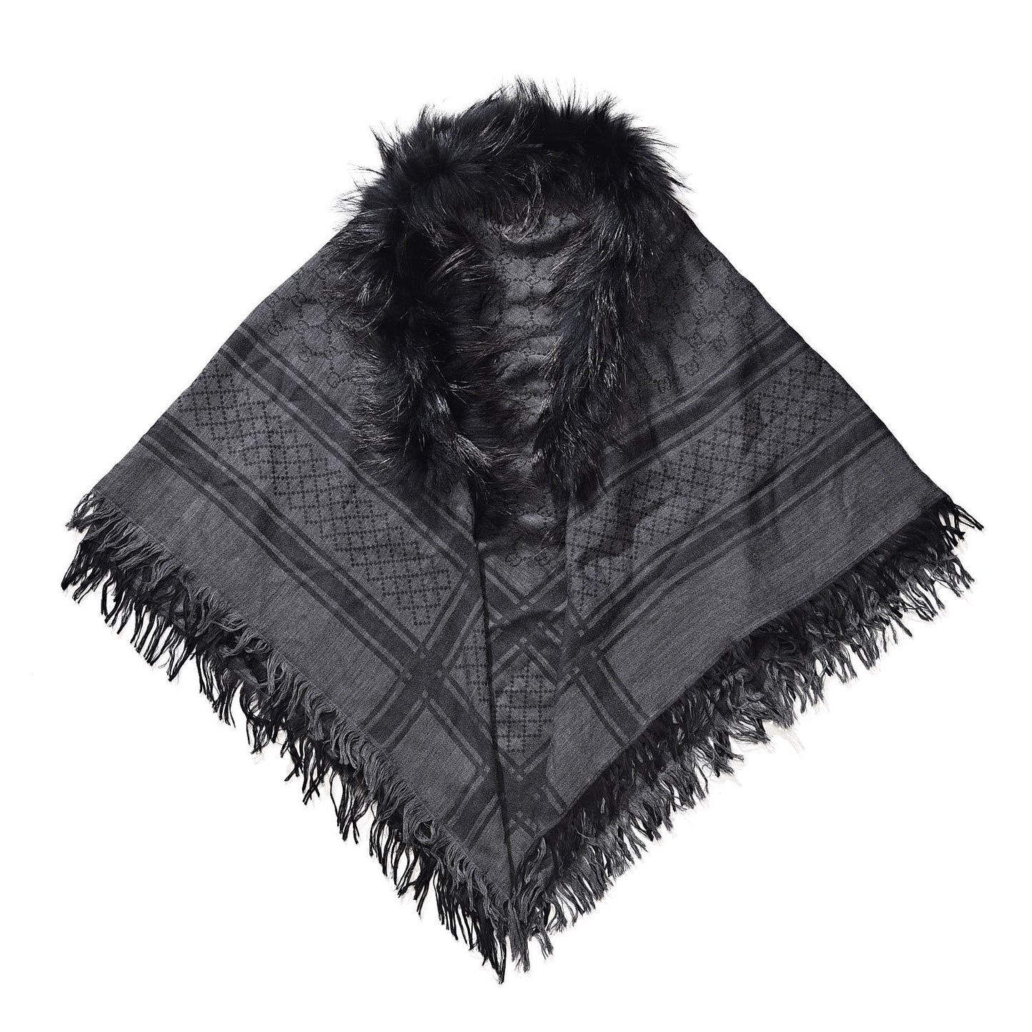 Wool Silk Fox Fur Monogram Shawl Scarf Black