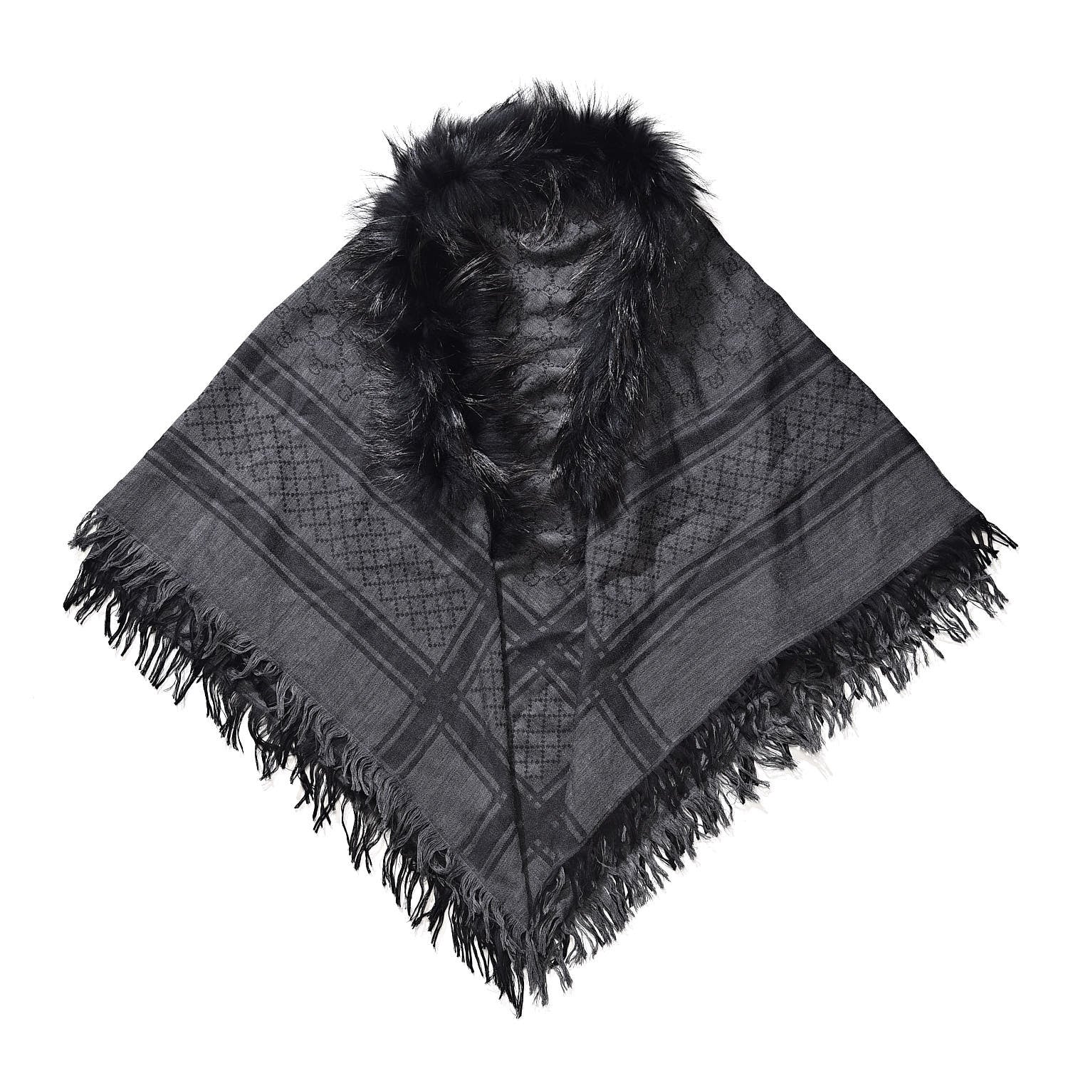Gucci Wool Silk Fox Fur Monogram Shawl Scarf Black 1 of 4