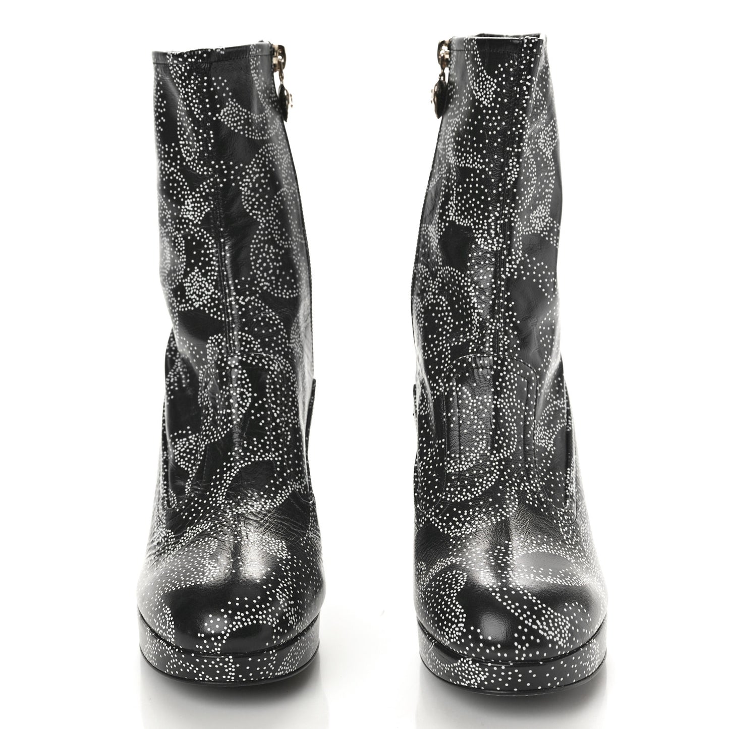 Calfskin Camellia Printed Ankle Boots 38.5 Black White