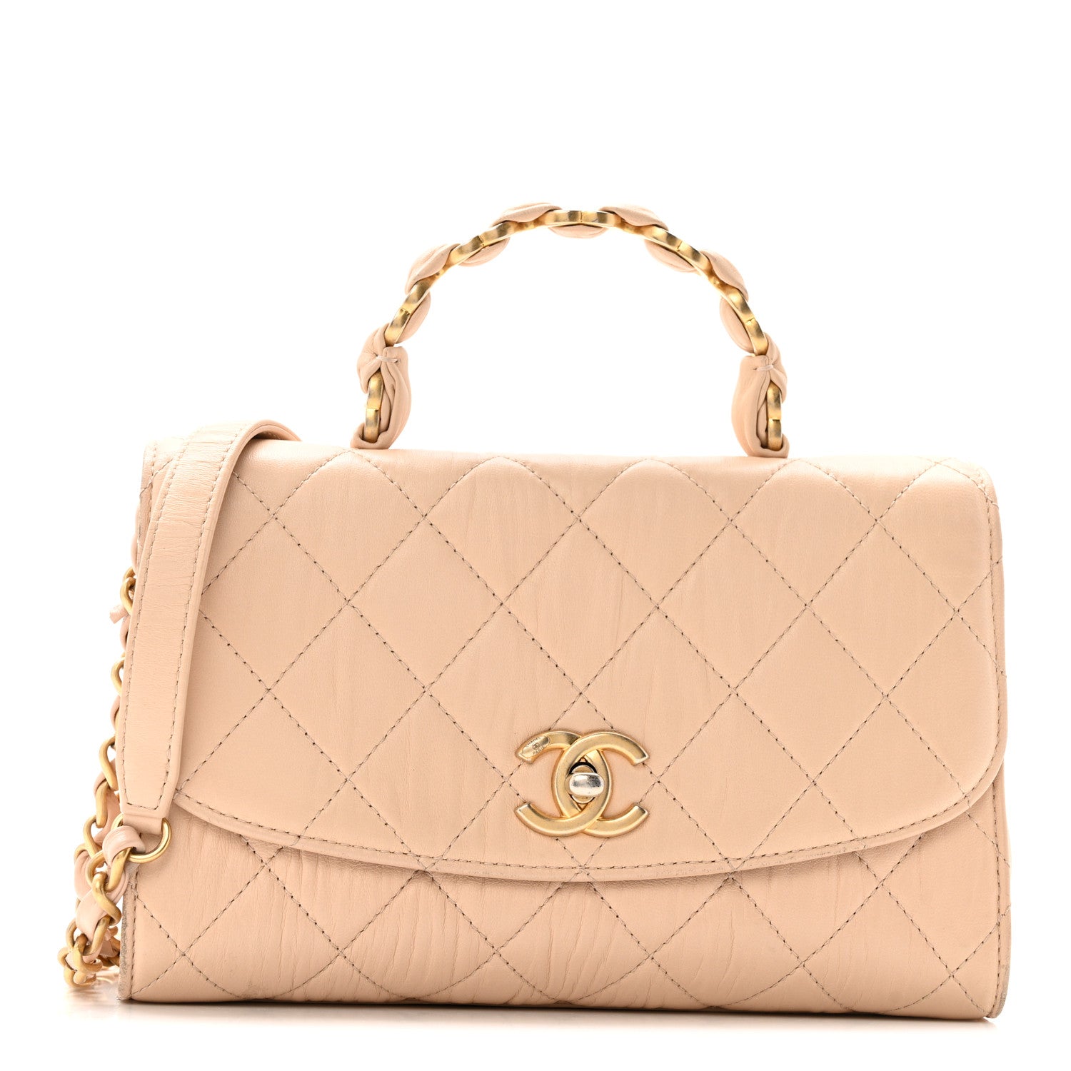 Chanel Crumpled Lambskin Quilted Small CC Links Top Handle Flap Beige 1 of 17