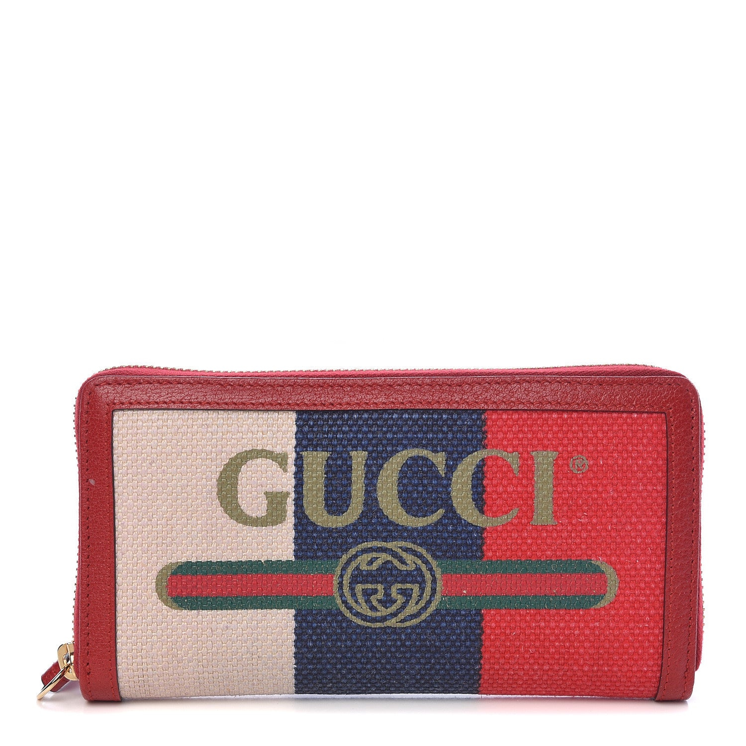 Gucci Canvas Sylvie Stripe Logo Zip Around Wallet Mystic White Hibiscus Red Maritime 1 of 7