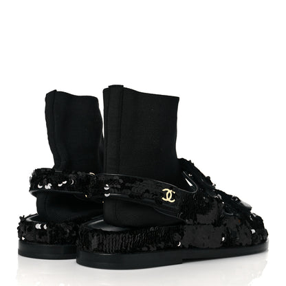 Chanel Sequin Knit Velcro Dad Sandals 38 Black 4 of 9