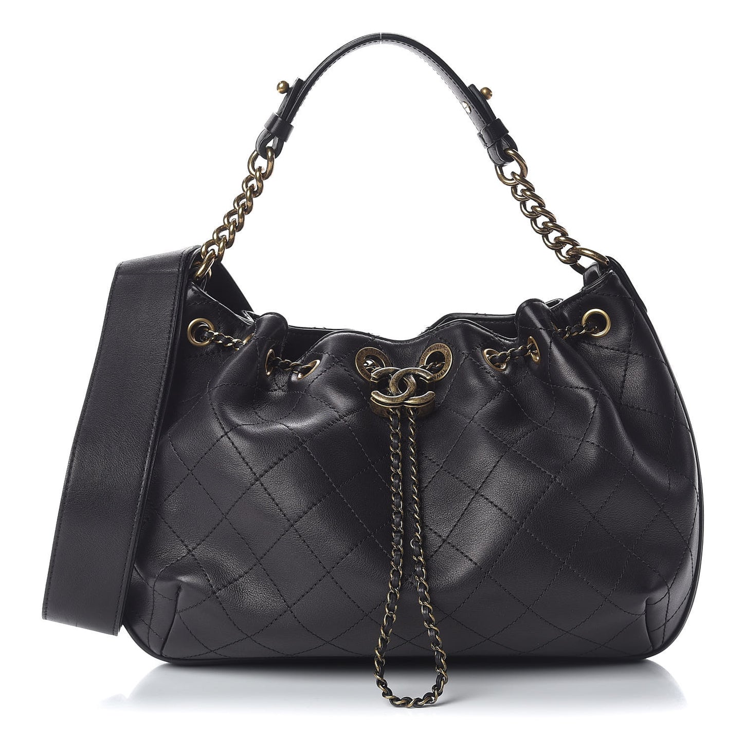 Calfskin Stitched Medium Drawstring CC Bag Black