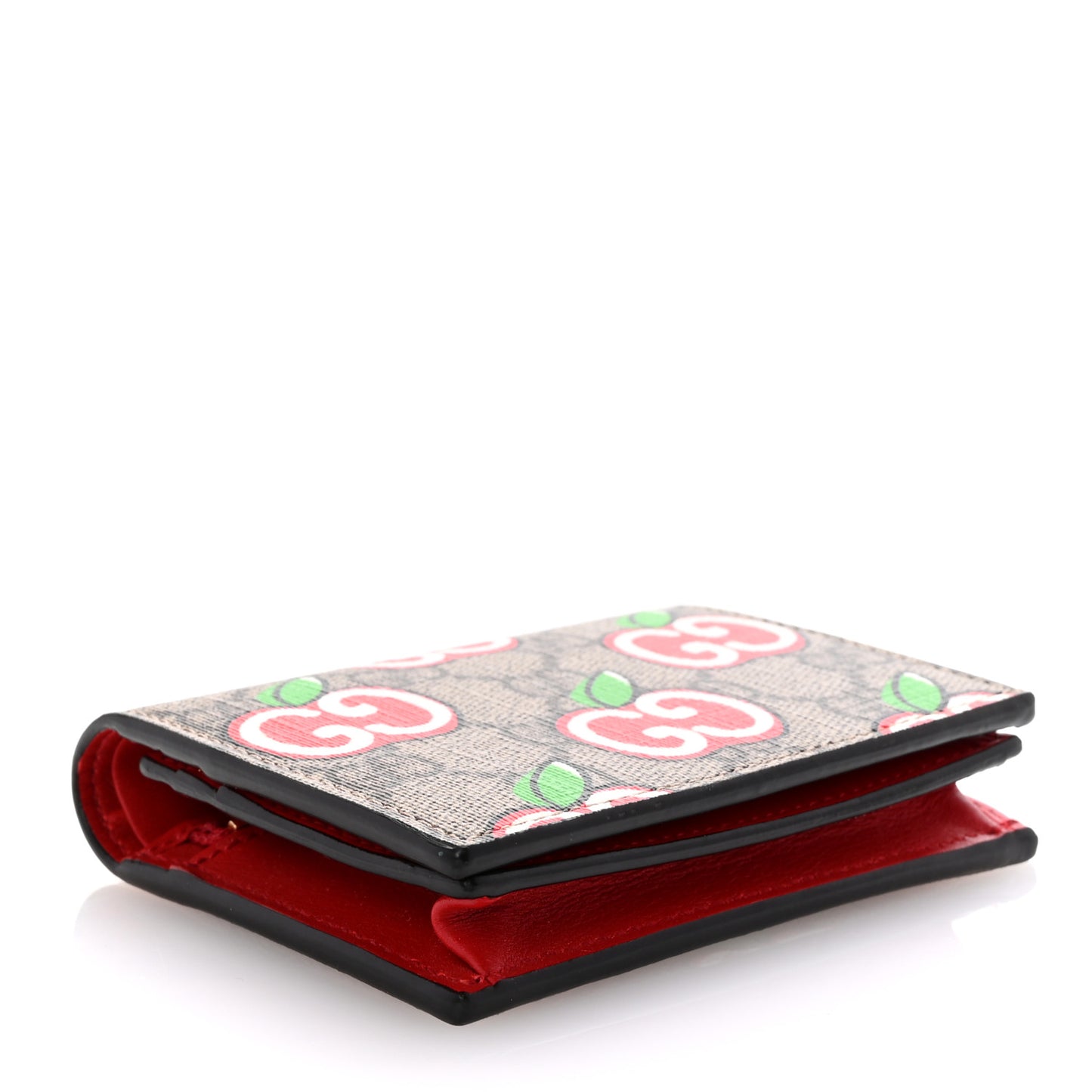 GG Supreme Monogram Apple Card Case Wallet Beige Multicolor Lobster Red