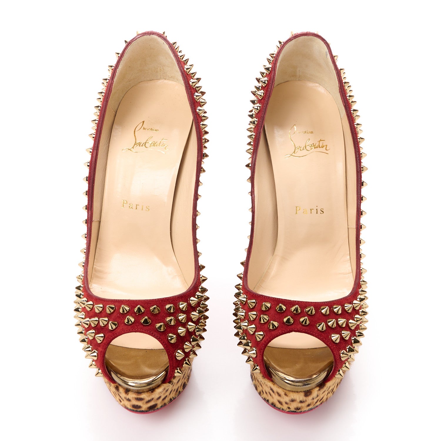 Christian Louboutin Veau Velours Calf Hair Leopard Lady Peep Spikes 150 Pumps 39.5 Red 2 of 11