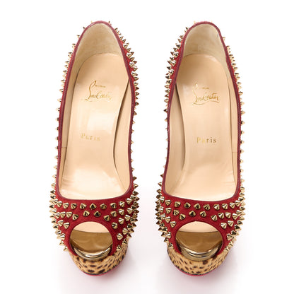 Christian Louboutin Veau Velours Calf Hair Leopard Lady Peep Spikes 150 Pumps 39.5 Red 2 of 11