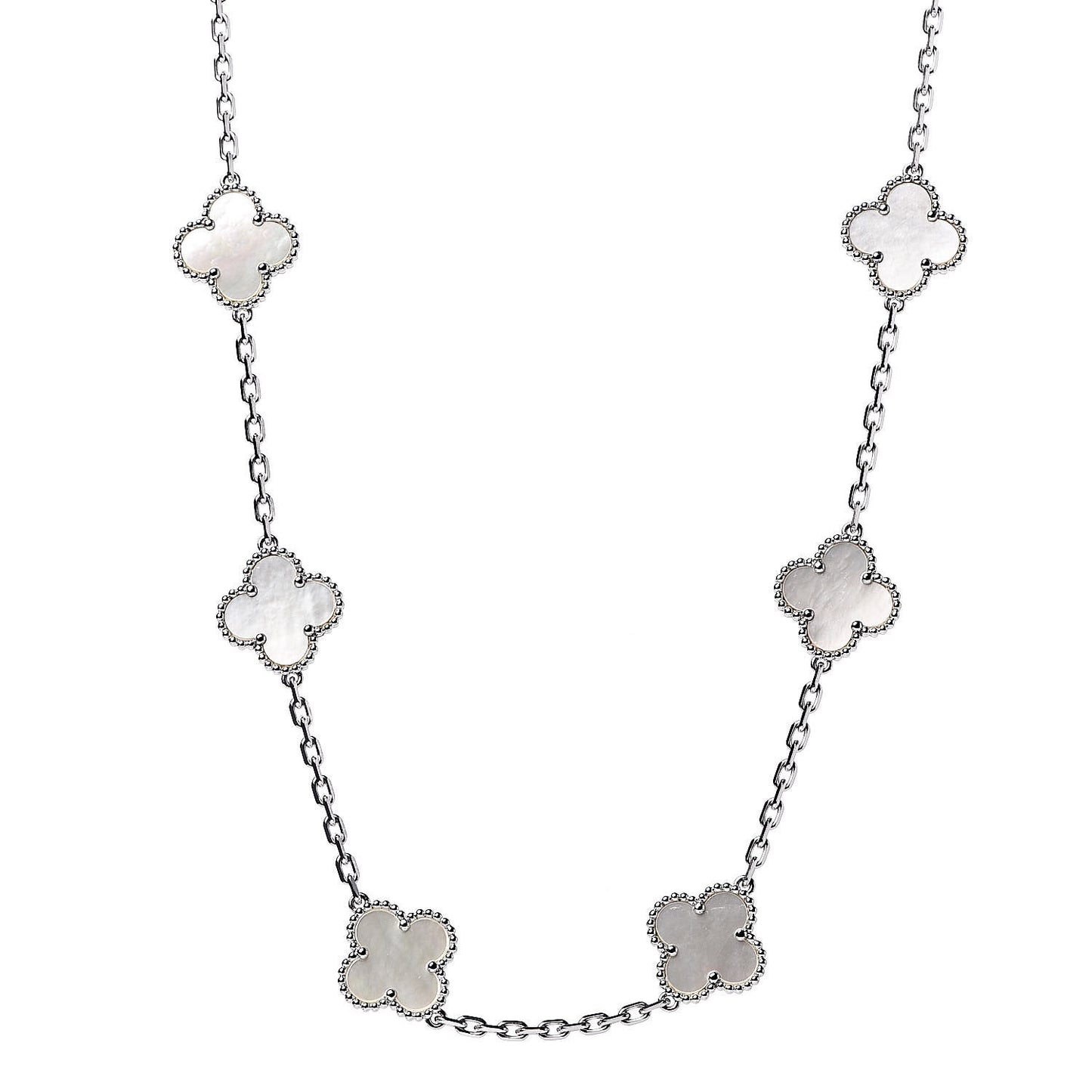 18K White Gold Mother of Pearl 10 Motifs Vintage Alhambra Necklace