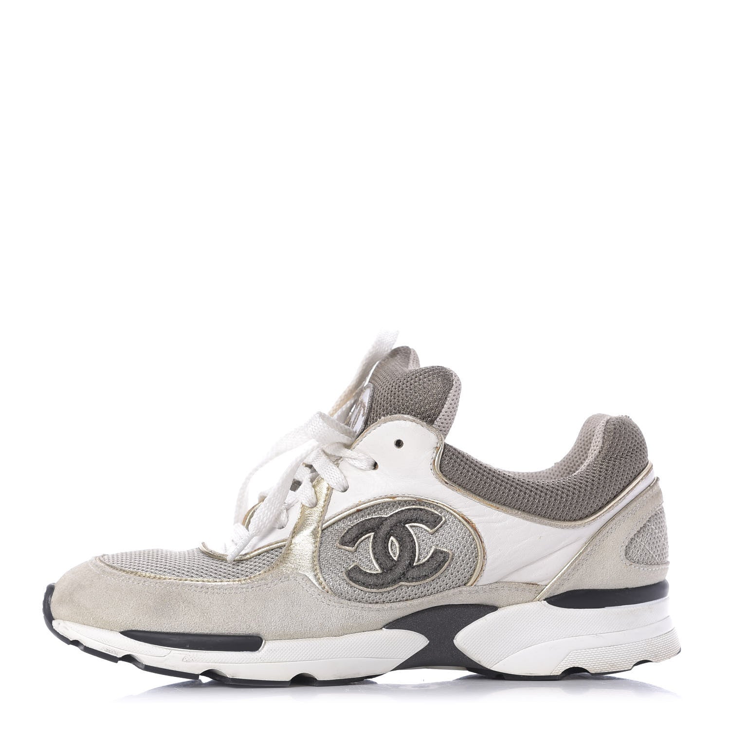 Chanel Suede Calfskin CC Sneakers 37.5 Beige Gold 1 of 12