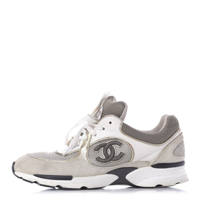 Chanel Suede Calfskin CC Sneakers 37.5 Beige Gold 1 of 12