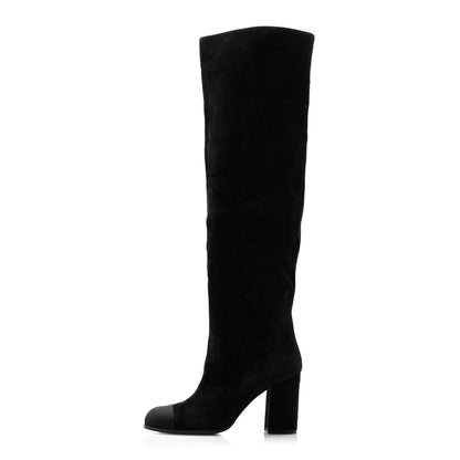Chanel Suede Calfskin Grosgrain Cap Toe High Boots 38.5 Black 1 of 9