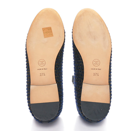 Chanel Cotton Tweed Grosgrain Cap Toe Ballerina Flats 37.5 Navy Gold Green 5 of 7