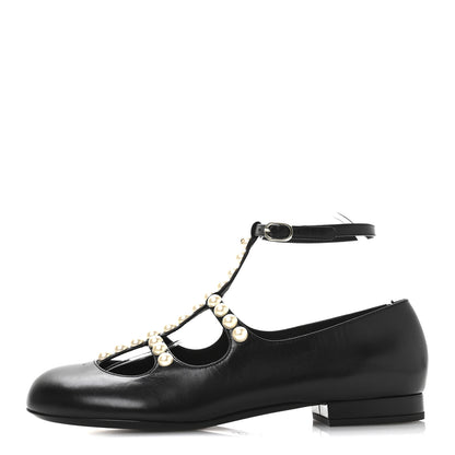 Chanel Goatskin Pearl Mary Janes Flats 39.5 Black 1 of 8