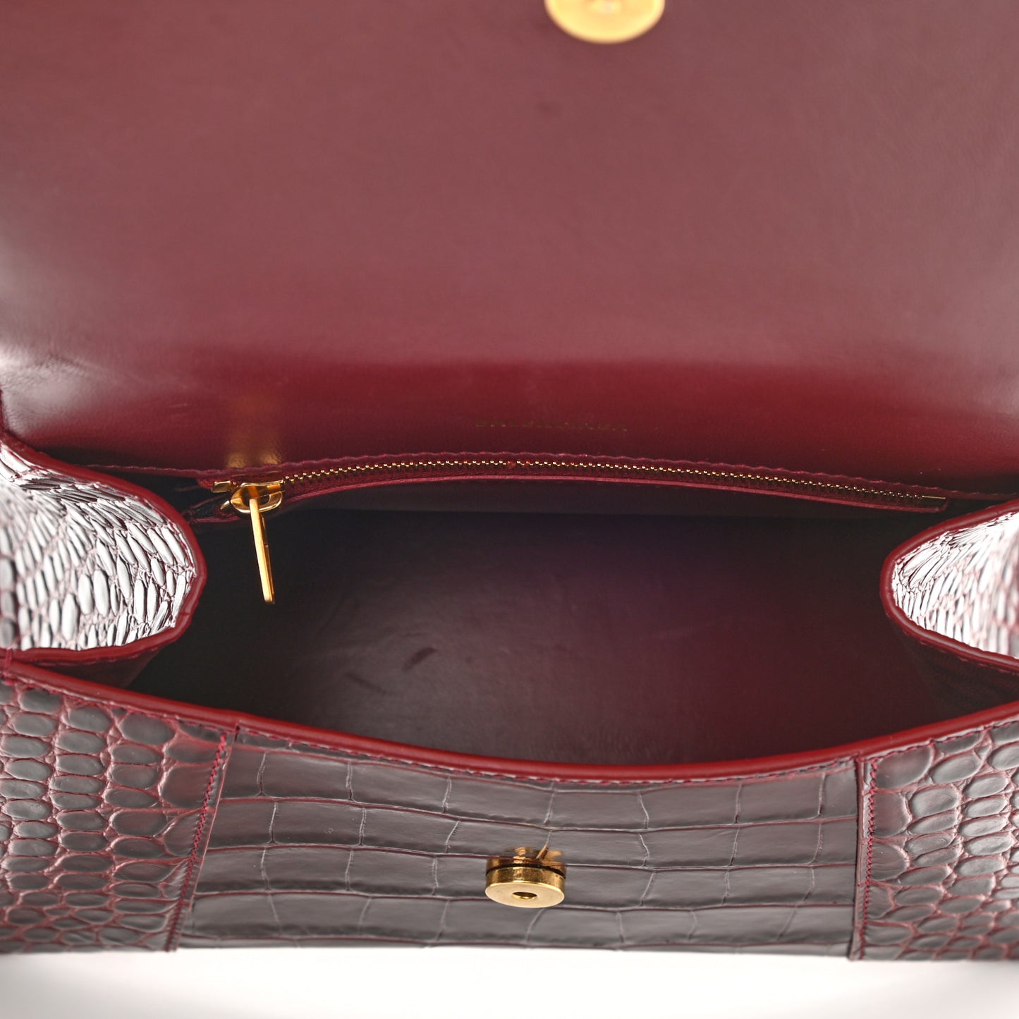 Shiny Calfskin Crocodile Embossed Small Hourglass Top Handle Bag Dark Red