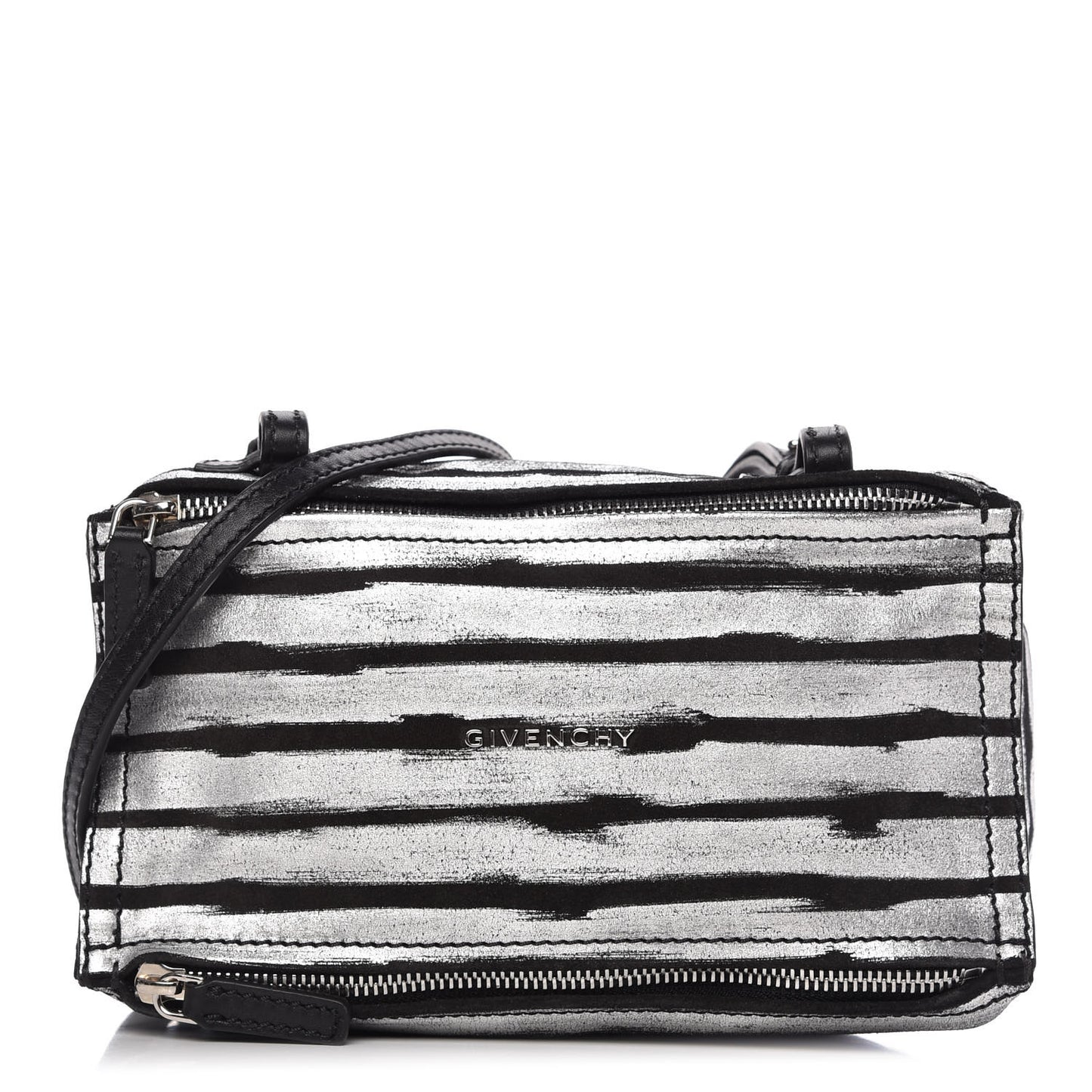 Metallic Calfskin Striped Mini Pandora Black Silver