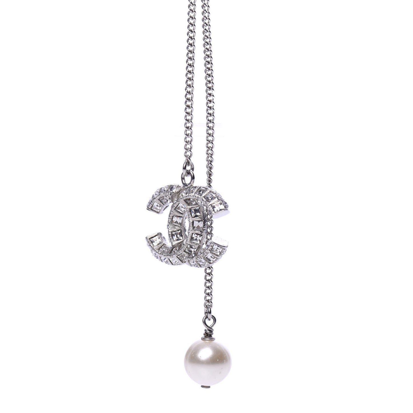 Baguette Crystal Pearl CC Lariat Necklace Silver