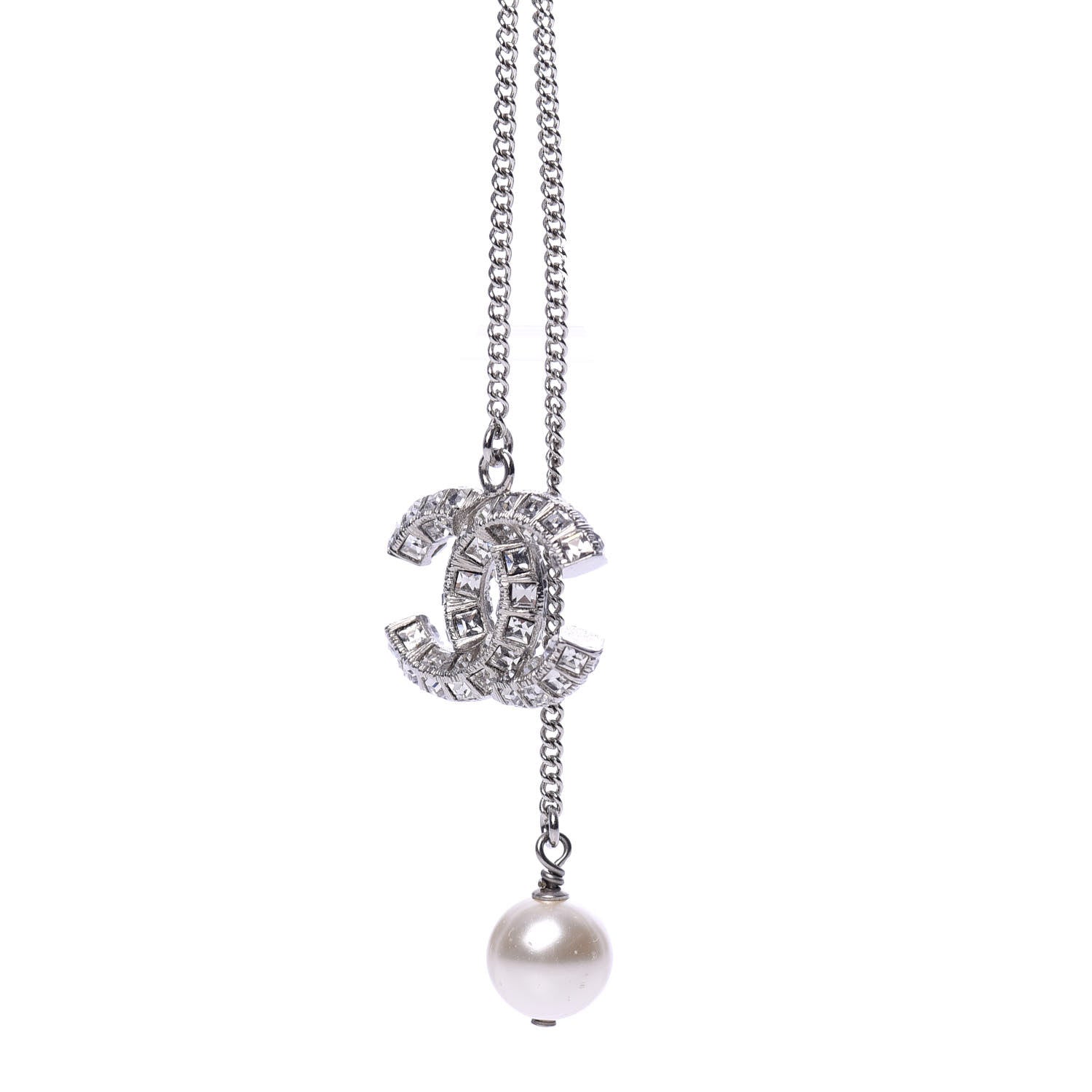 Chanel Baguette Crystal Pearl CC Lariat Necklace Silver 3 of 5