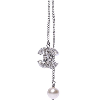 Chanel Baguette Crystal Pearl CC Lariat Necklace Silver 3 of 5