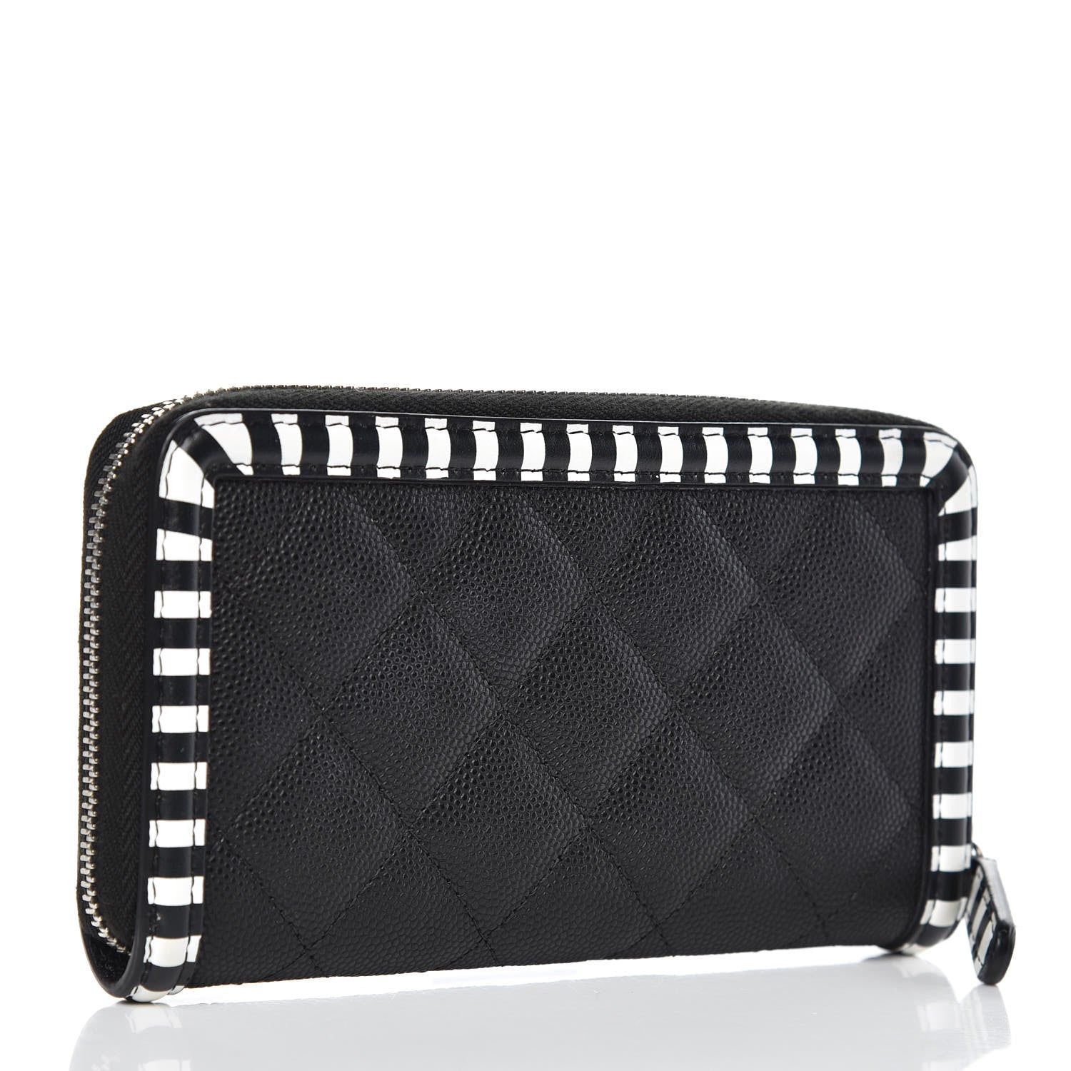 Chanel Caviar Quilted Stripe Filigree Zip Wallet Black White 3 of 10