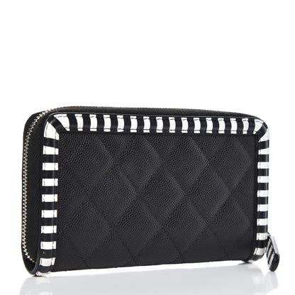 Chanel Caviar Quilted Stripe Filigree Zip Wallet Black White 3 of 10