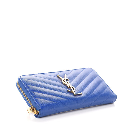 Saint Laurent Grain De Poudre Matelasse Chevron Monogram Zip Around Wallet Royal Blue 3 of 5