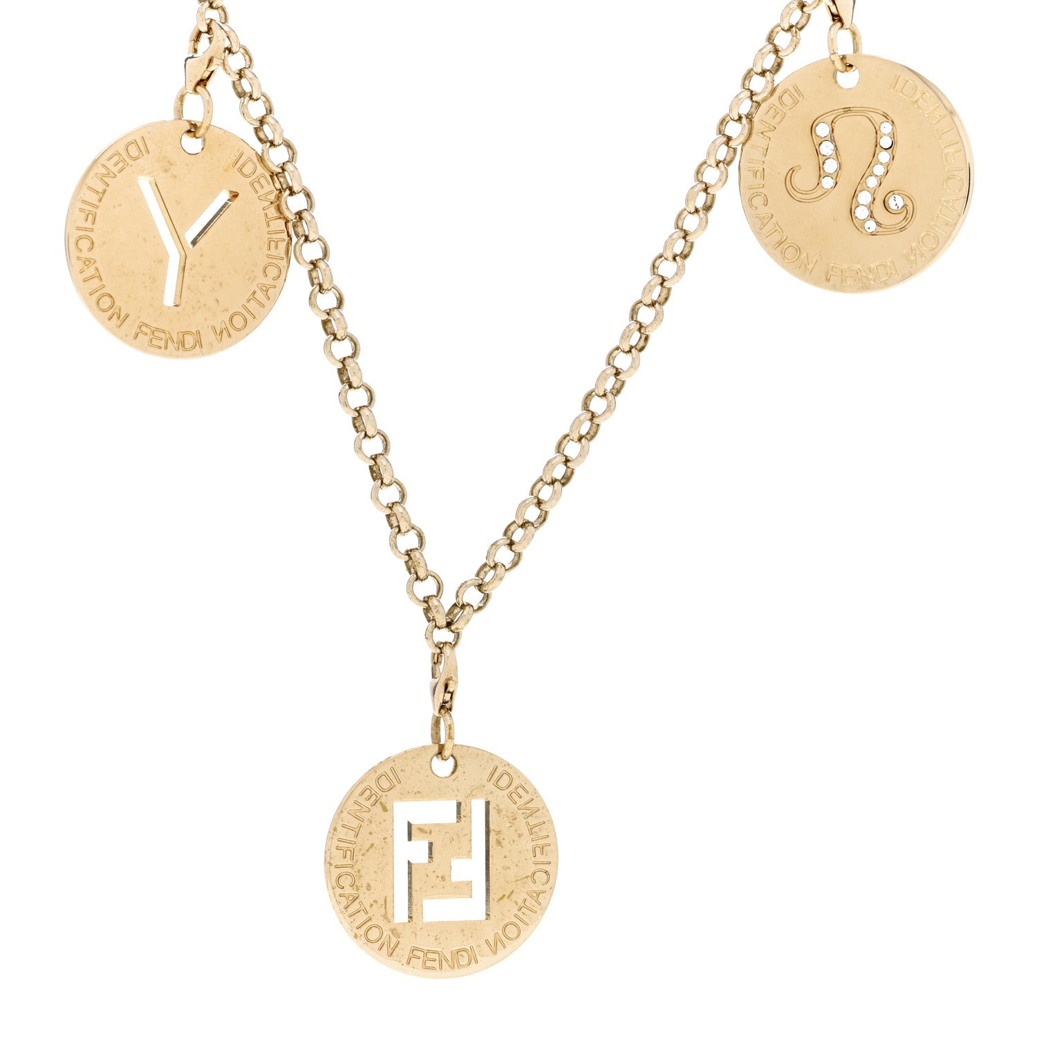 Fendi Metal Crystal Charms Identification Necklace Gold 4 of 7