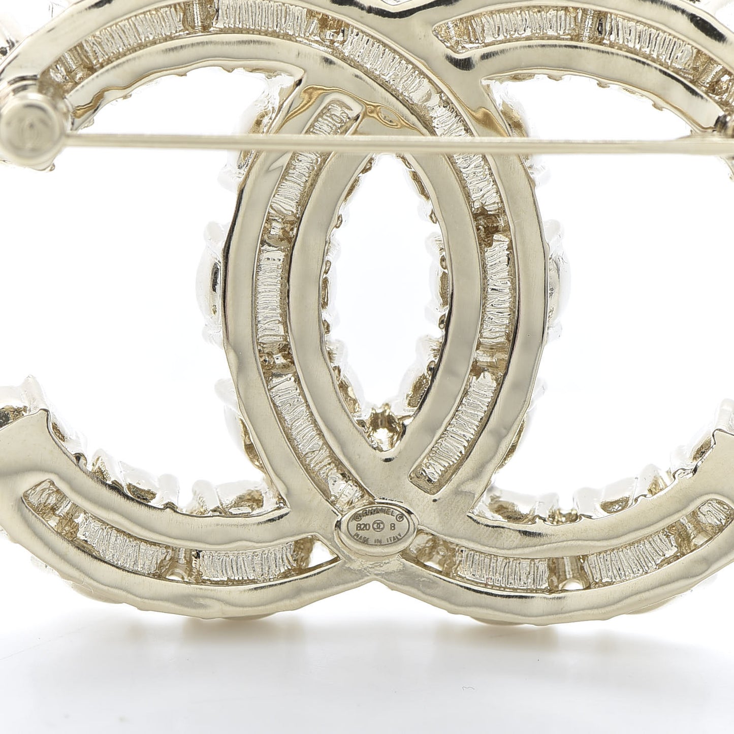 Crystal Pearl CC Dazzling Domino Brooch Gold