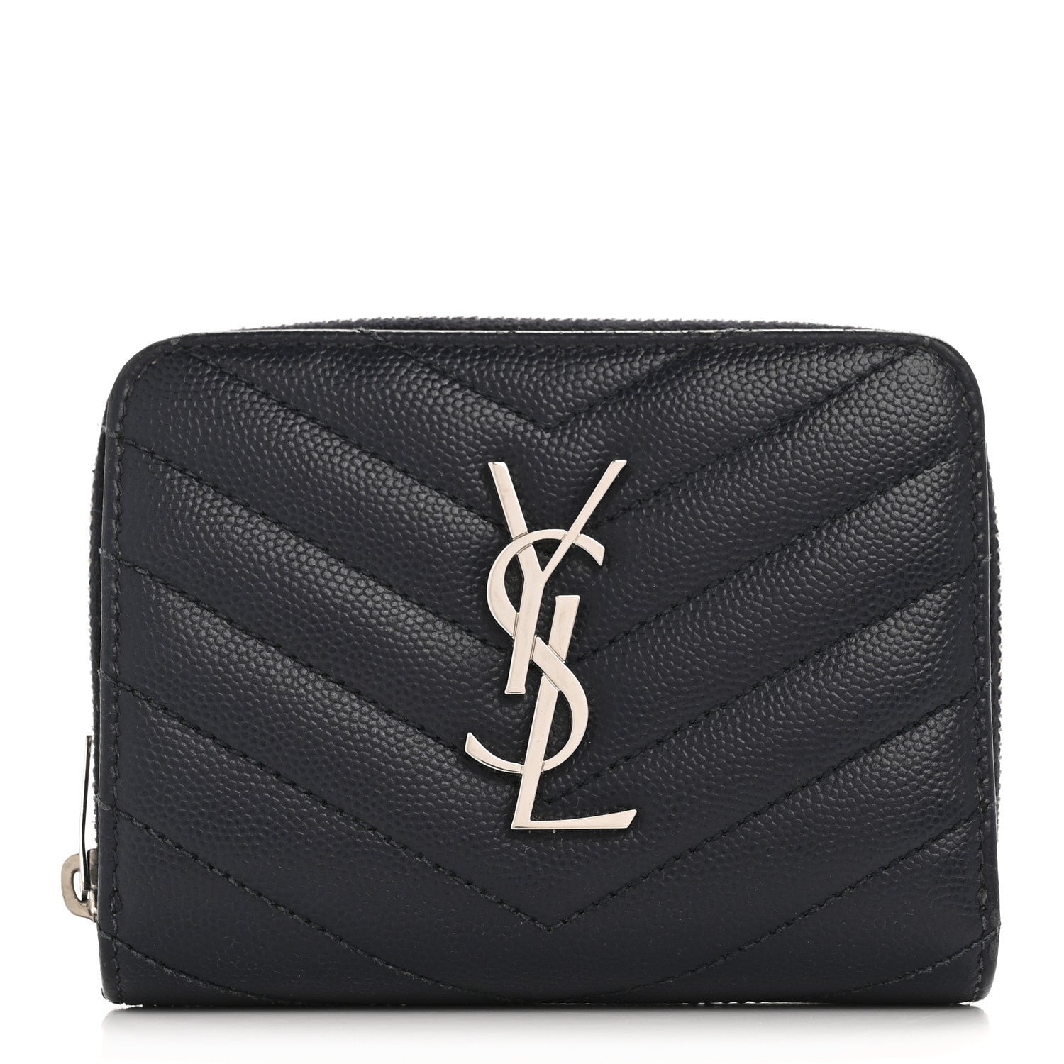 Saint Laurent Grain De Poudre Matelasse Chevron Monogram Compact Zip Around Wallet Deep Marine 1 of 11