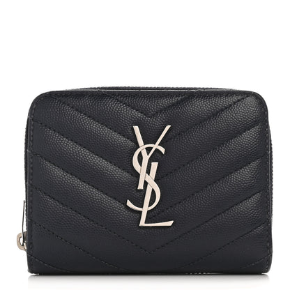 Saint Laurent Grain De Poudre Matelasse Chevron Monogram Compact Zip Around Wallet Deep Marine 1 of 11