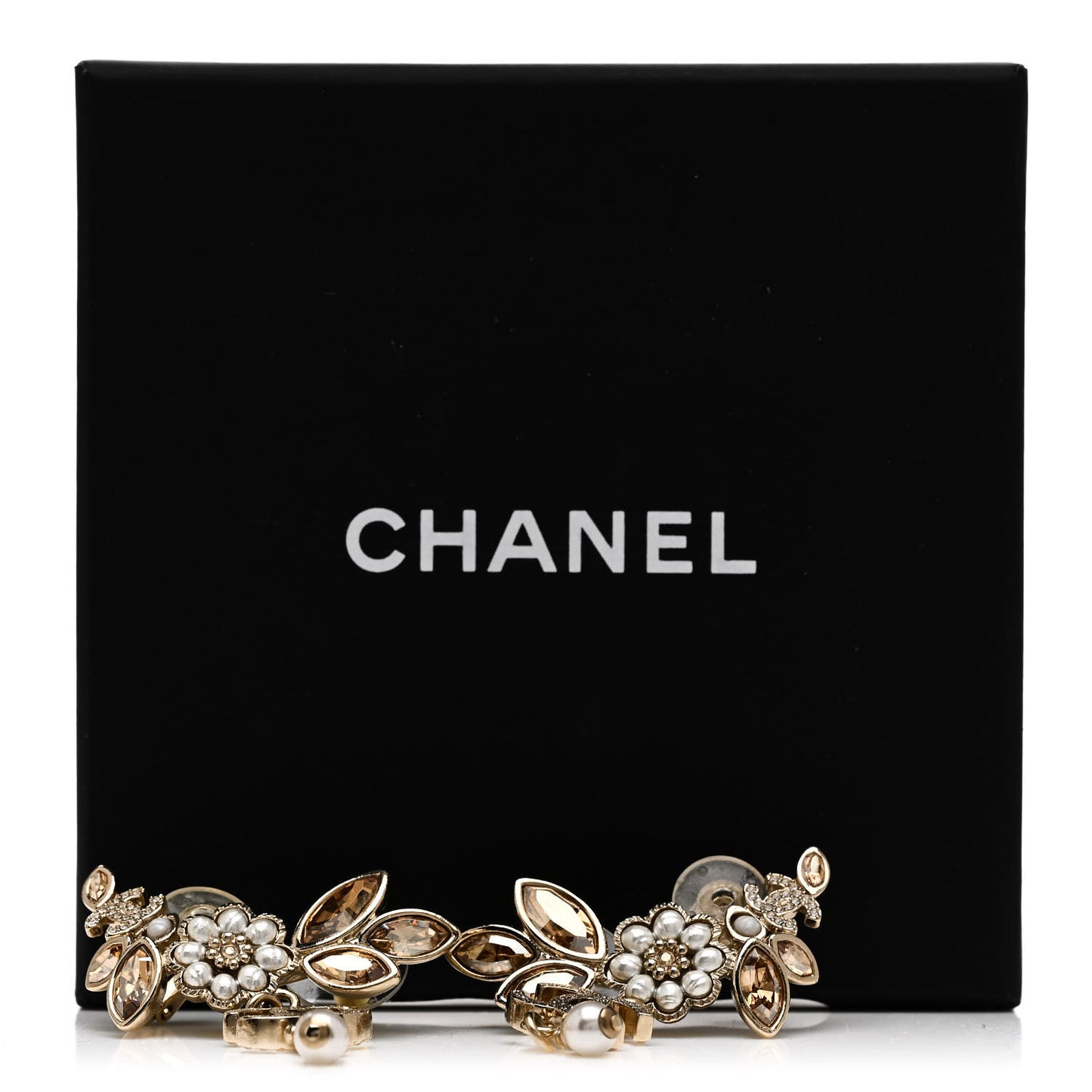 Pearl Crystal CC Flower Cluster Drop Earrings Gold Light Brown Pearly White